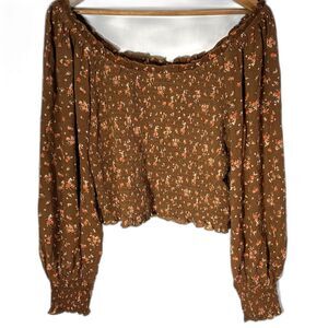 HEM & THREAD Blouse Floral Smocked Cropped Boho Cottage Croquette Womens L Brown
